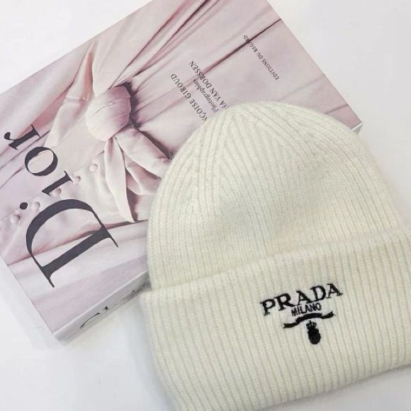 Prada Accessories - Prada Ivory Ribbed Beanie